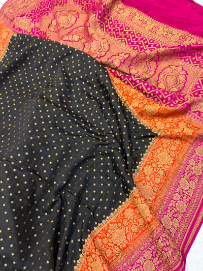 Pure khaddi crepe silk saree with 3D border in black orange & rani pink colour combination