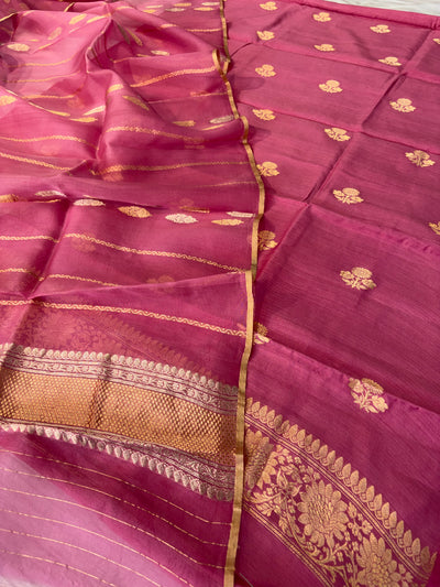 Pure handwoven Chiniya silk suit in dusty pink  colour
