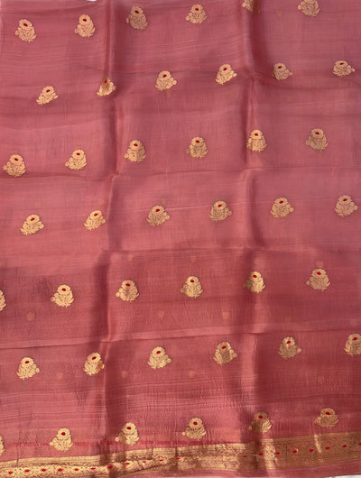 Pure Handloom Kora silk suit set in Rose pink colour with meenakari work
