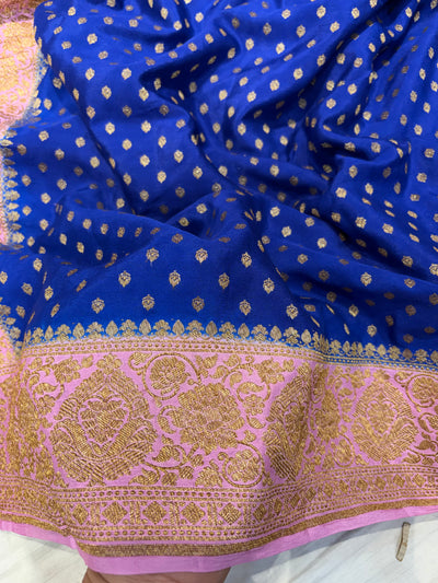 Pure khaddi crepe silk saree in Royal blue with baby pink colour
