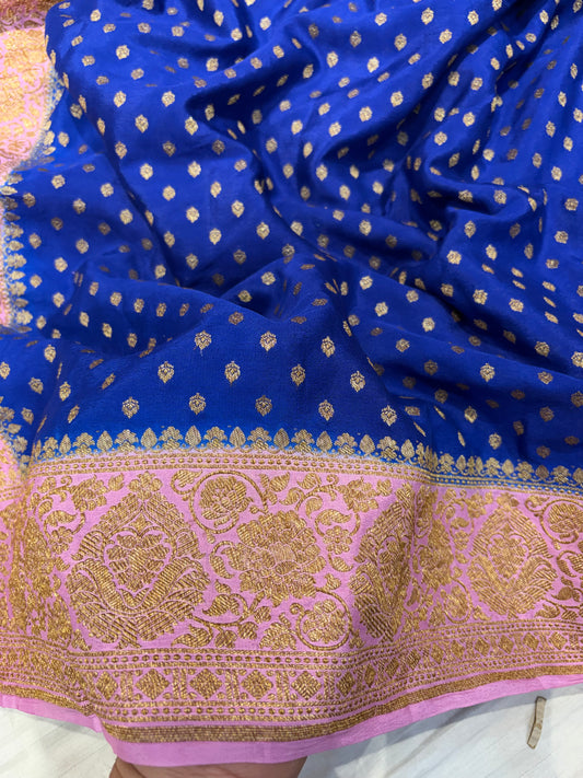 Pure khaddi crepe silk saree in Royal blue with baby pink colour