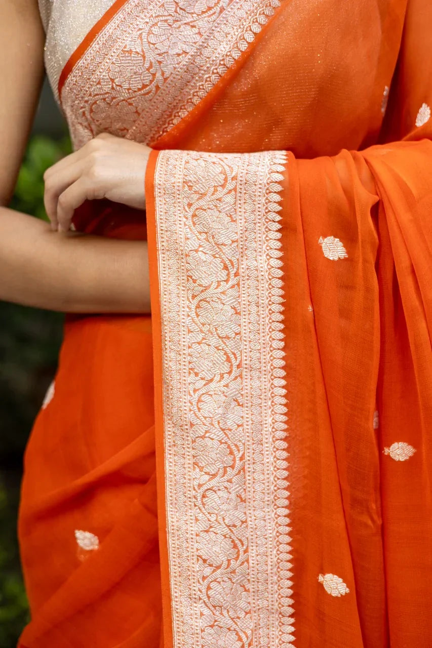 PURE KHADDI CHIFFON SAREE IN ORANGE COLOUR