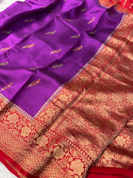 Pure handwoven raw mango saree purple with red colour