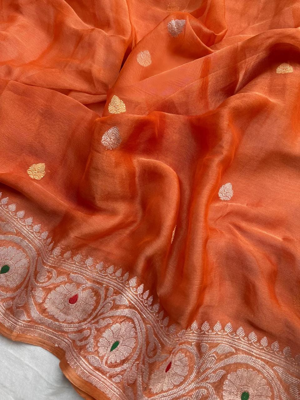BURNT ORANGE PURE KHADDI CHIFFON TISSUE SILK SAREE