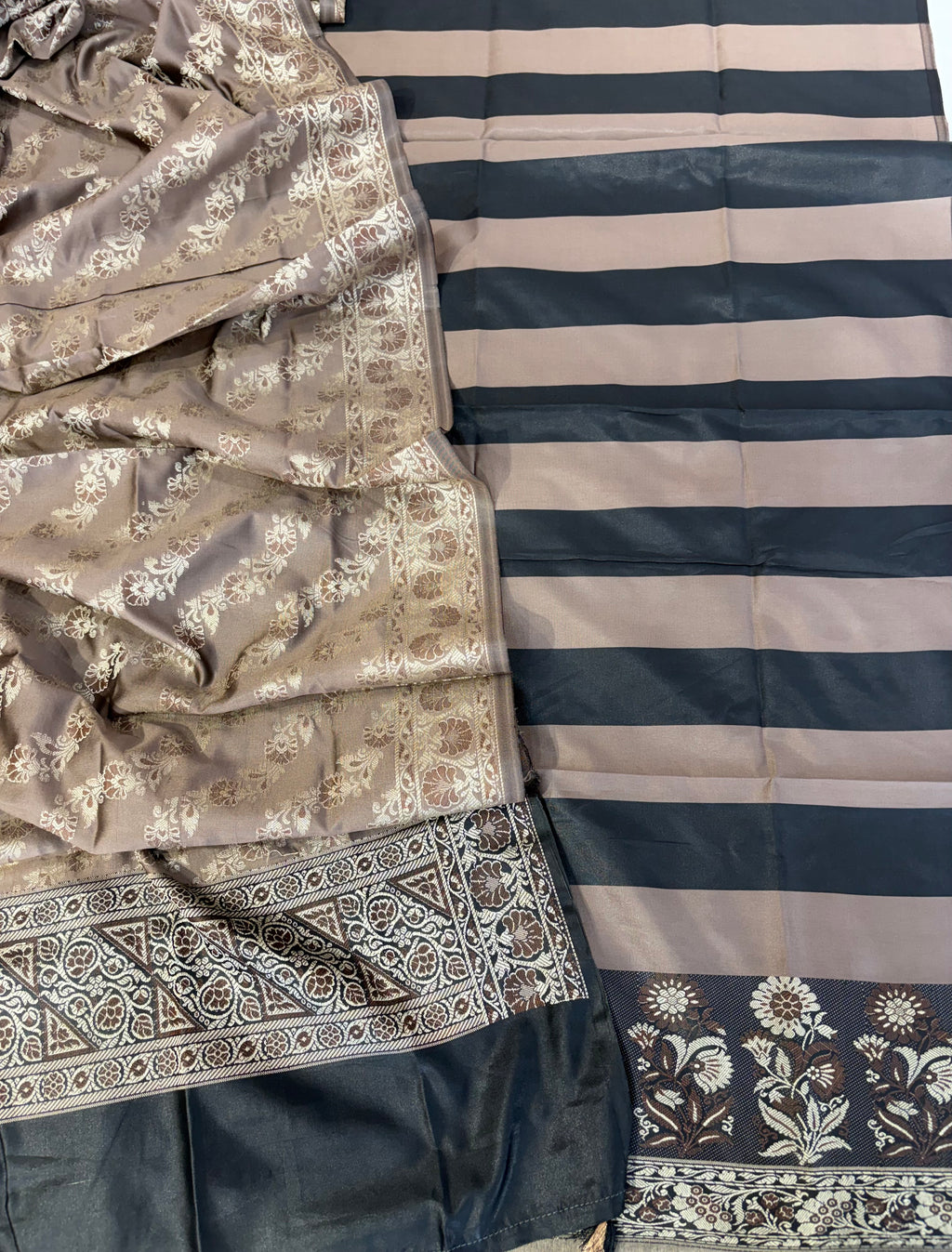 Banarasi soft silk suit in black with mushroom brown colour combination with tussels