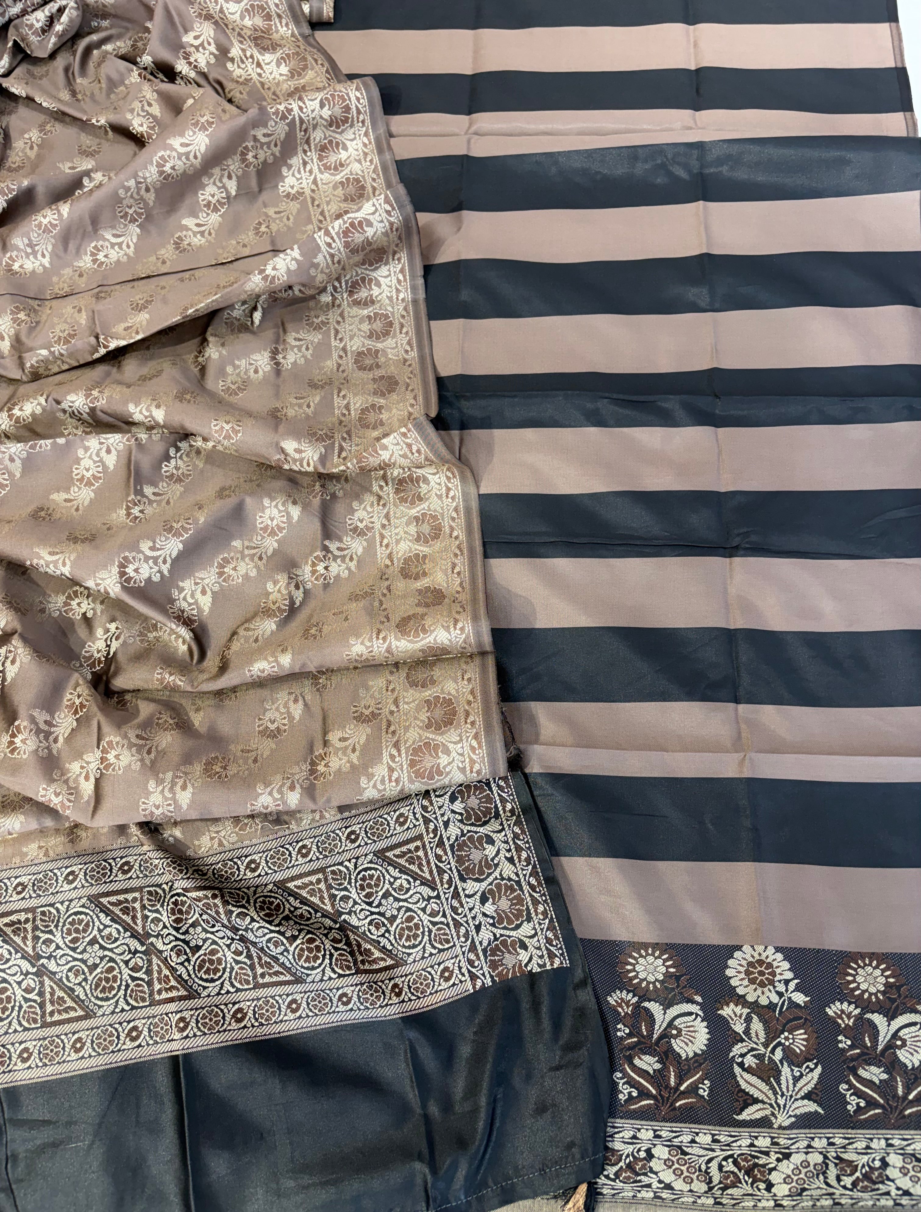 Banarasi soft silk suit in black with mushroom brown colour combination with tussels