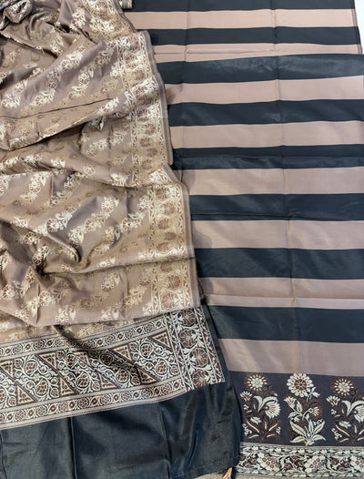 Banarasi soft silk suit in black with mushroom brown colour combination with tussels
