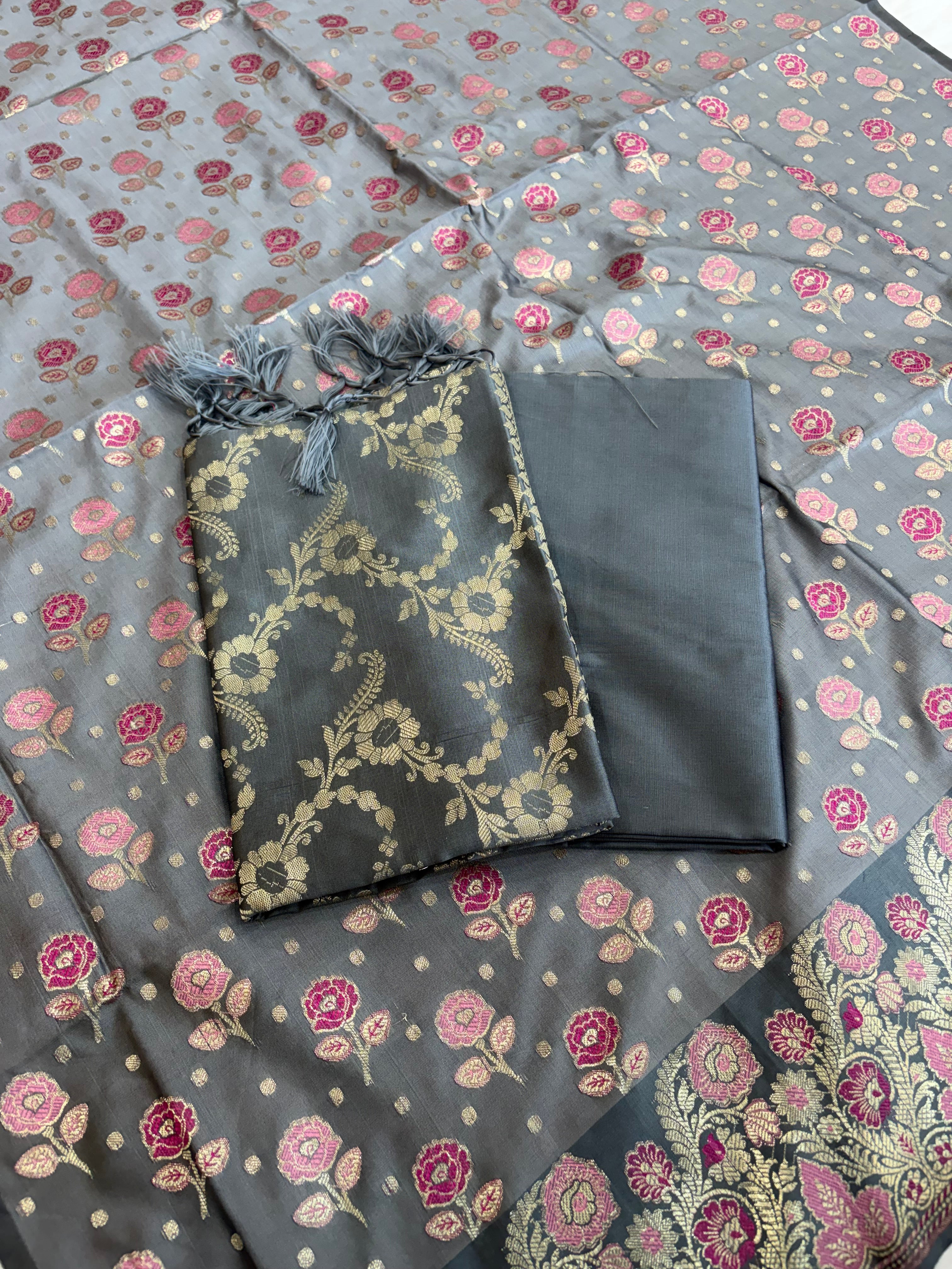 Banarasi soft silk suit light dark grey colour