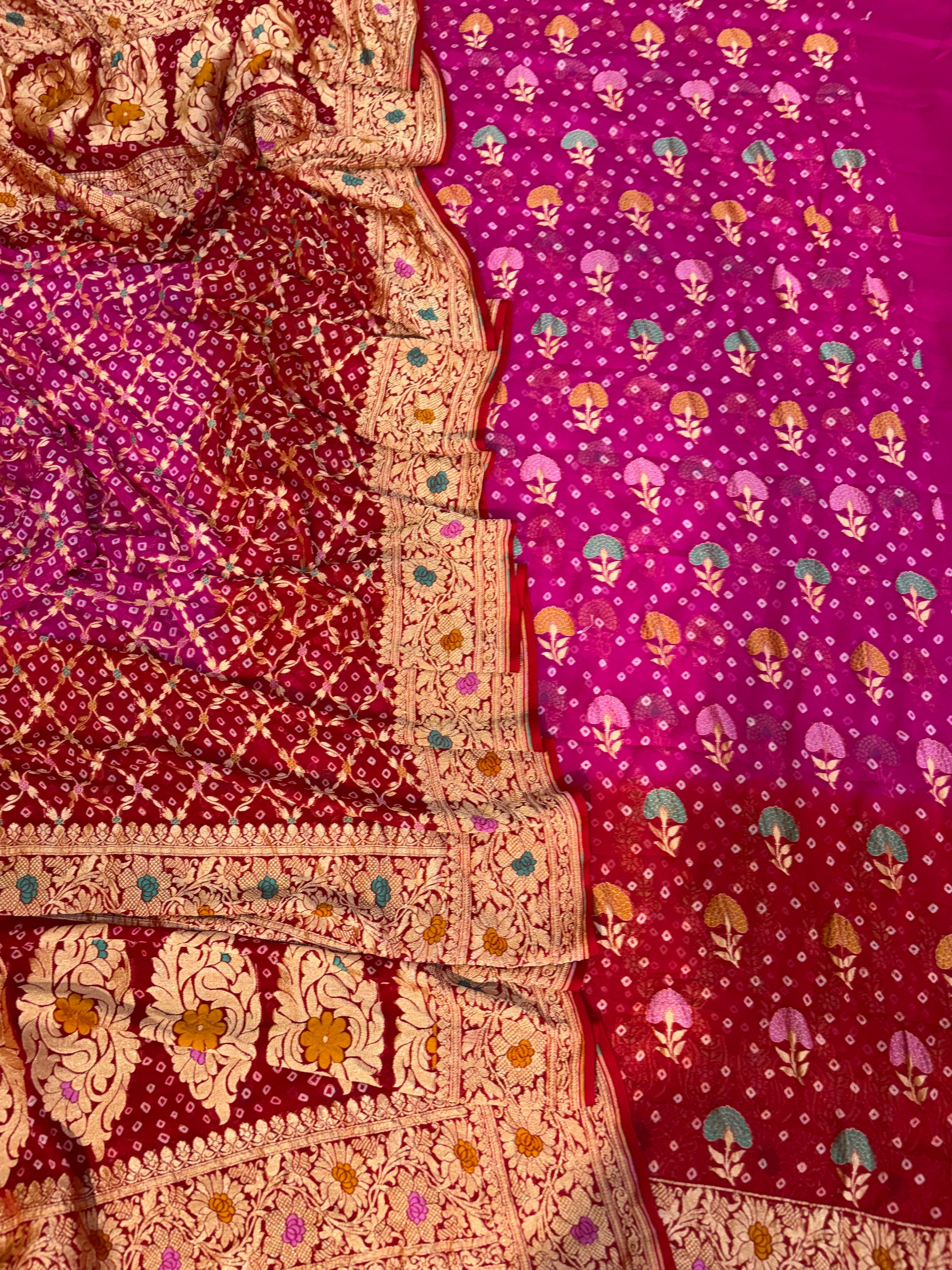 Pure georgette bandhani suit in Rani pink with maroon red colour