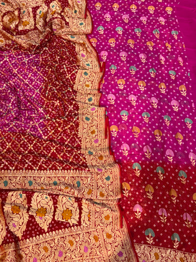 Pure georgette bandhani suit in Rani pink with maroon red colour