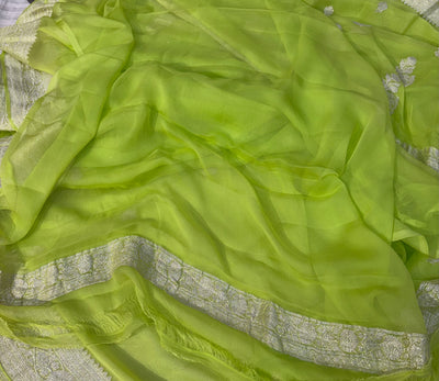 Pure khaddi chiffon saree in neon green colour