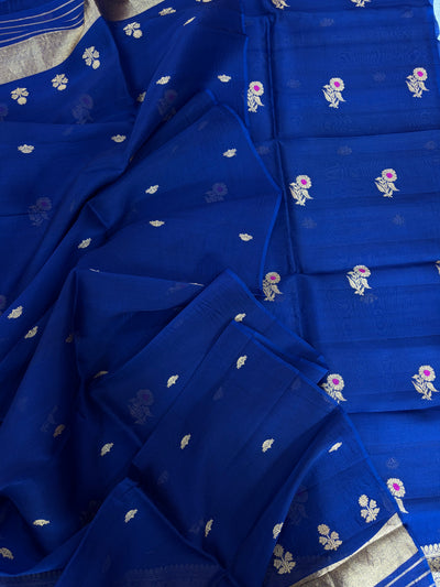 Pure Handloom Kora silk suit set in German blue colour with meenakari work