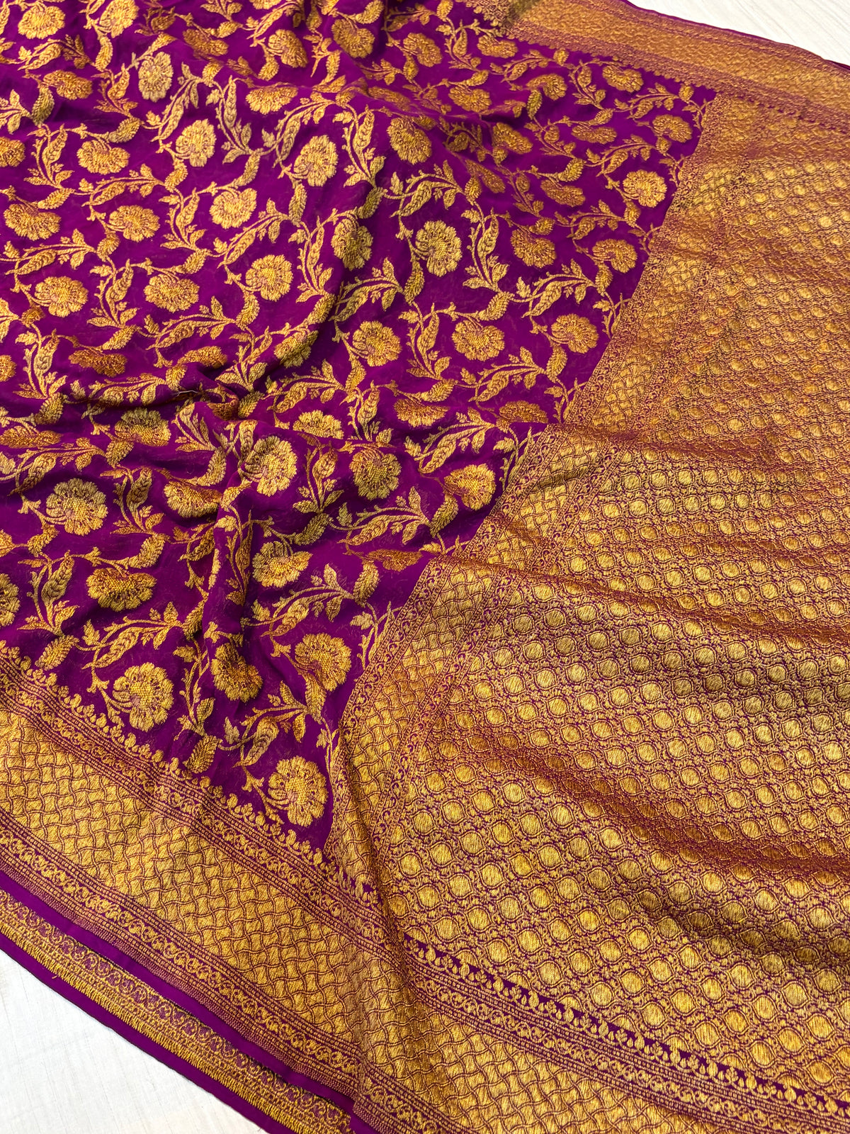 Pure georgette jaal silk saree in antique Zari work