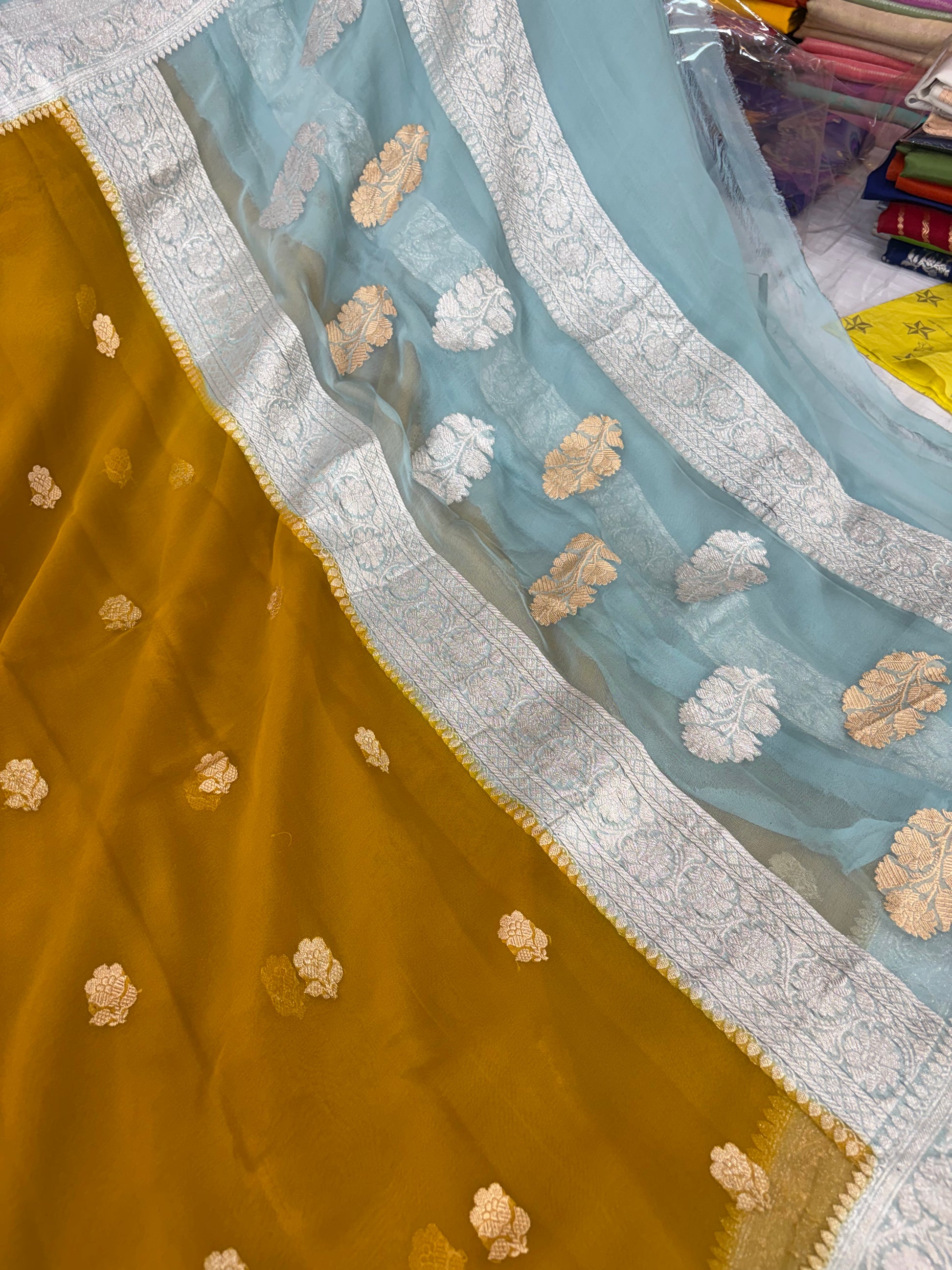 Pure khaddi chiffon saree gold yellow with sea green colour