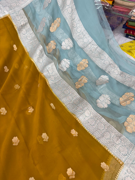 Pure khaddi chiffon saree gold yellow with sea green colour