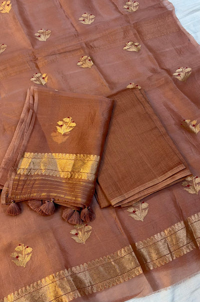 Pure Handloom Kora silk suit set in dusty rose colour with meenakari work