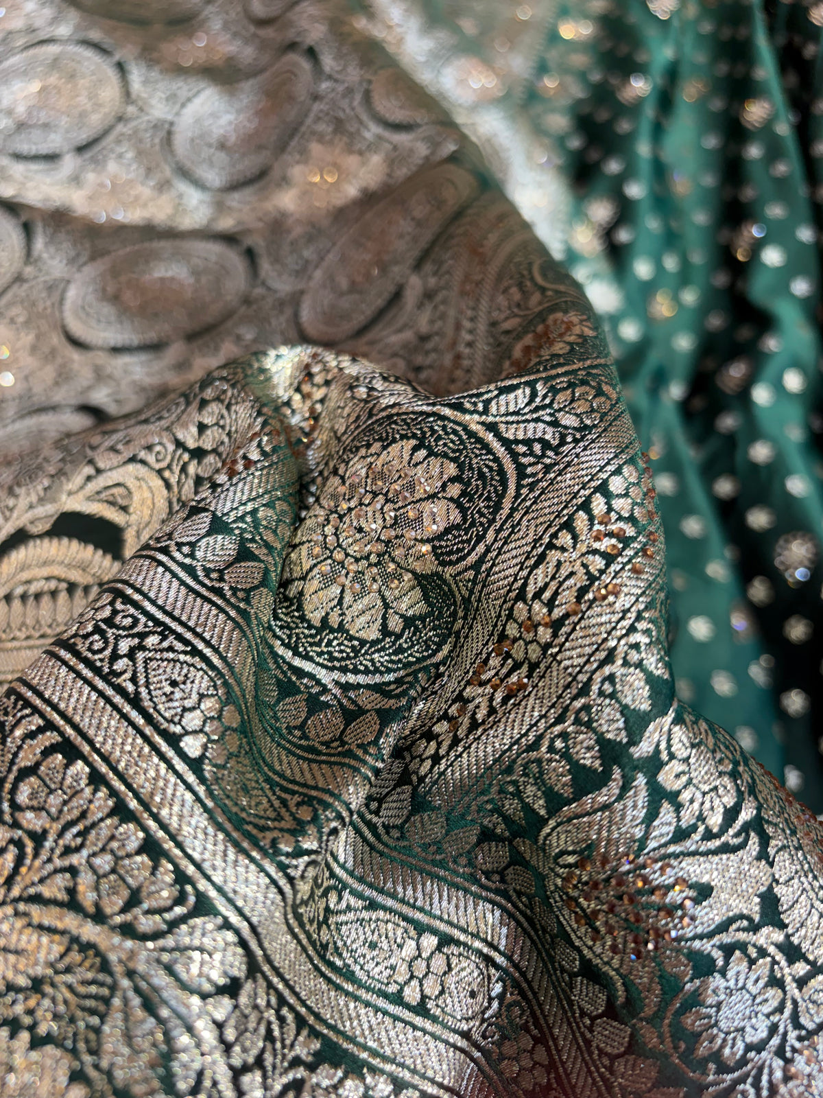 Bridal Banarasi satin Katan silk sarees in bottle geen colour with all over Swarovski work