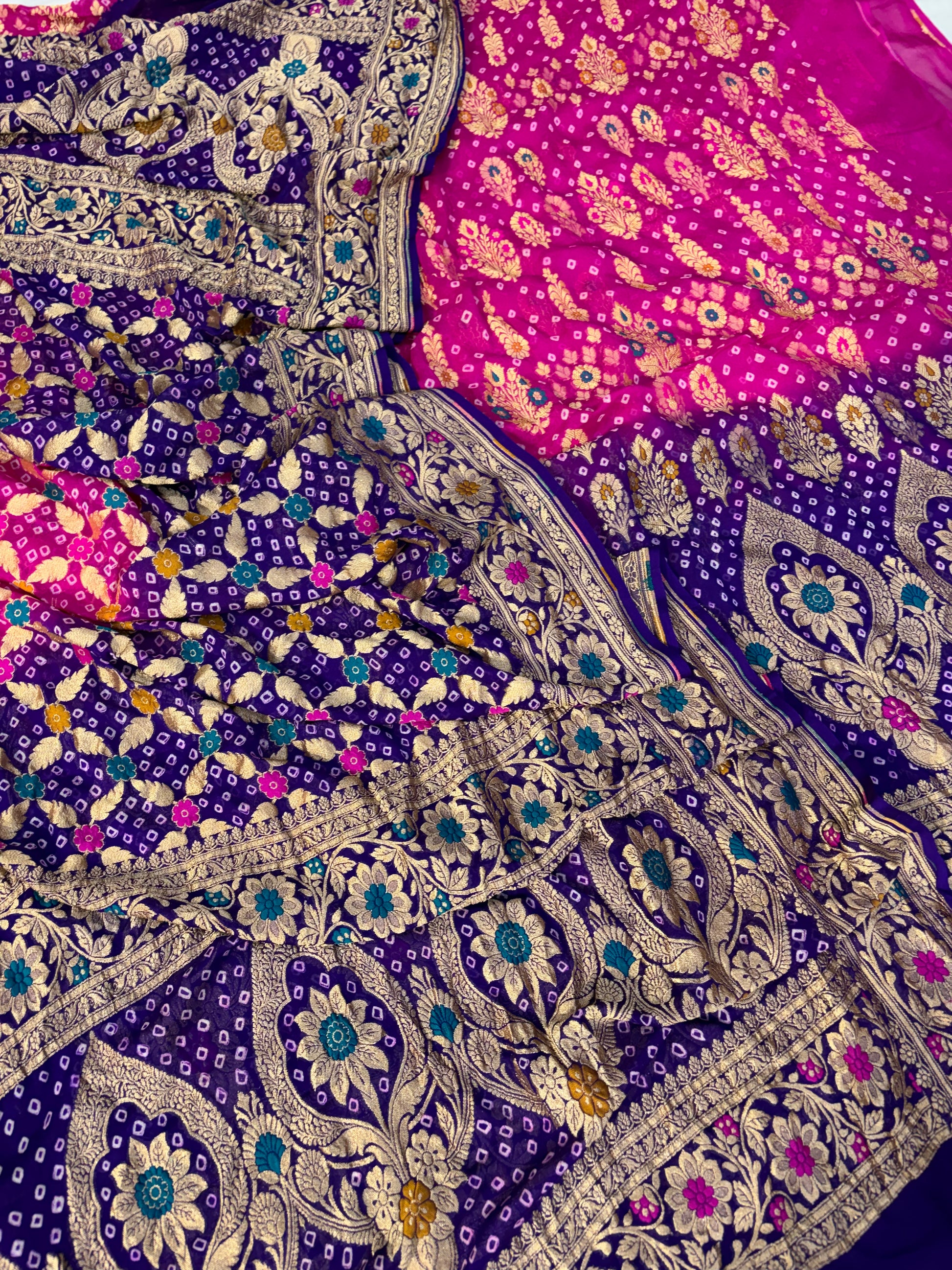 Pure georgette bandhani suit in Rani pink with purple colour