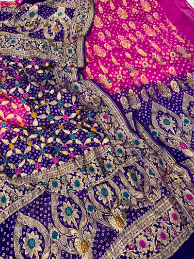 Pure georgette bandhani suit in Rani pink with purple colour