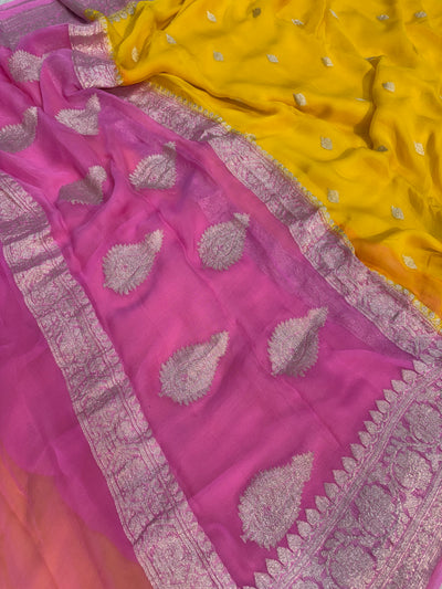 Pure khaddi chiffon saree in yellow with pink colour combination