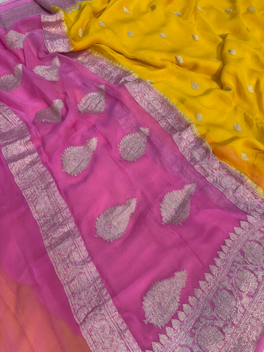 Pure khaddi chiffon saree in yellow with pink colour combination
