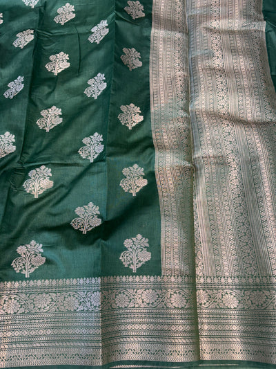 Banarasi soft katan silk saree in bottle green colour