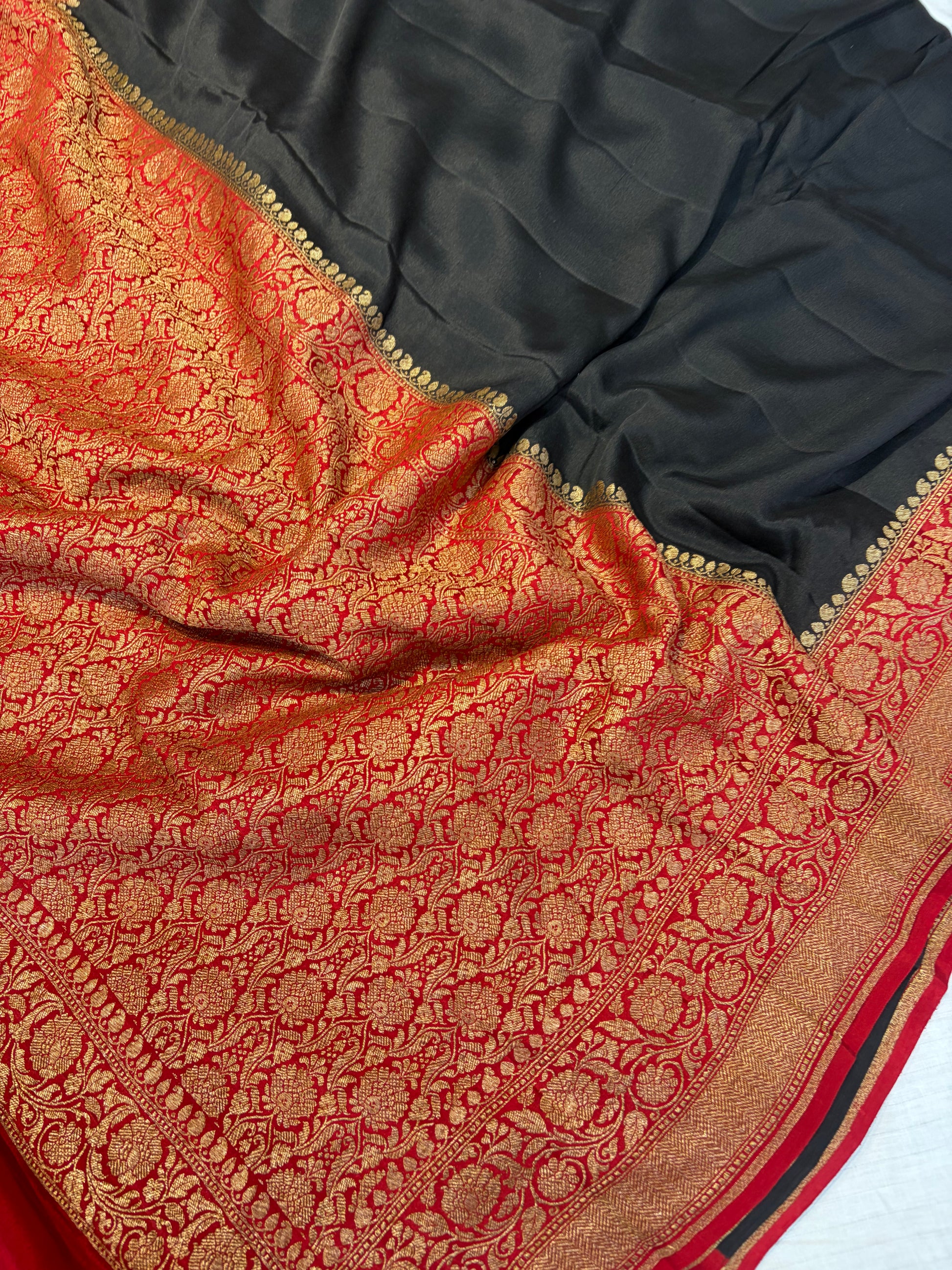 Pure khaddi crepe silk saree plain black saree with red Anchal border work