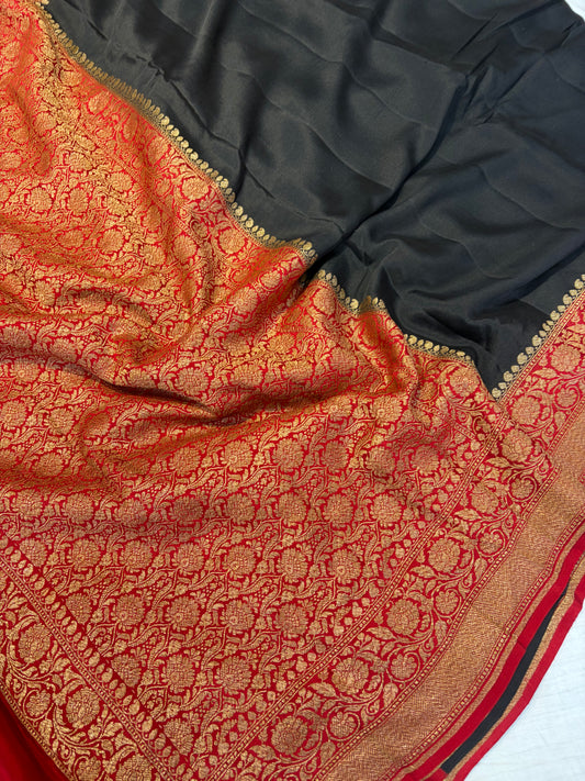 Pure khaddi crepe silk saree plain black saree with red Anchal border work