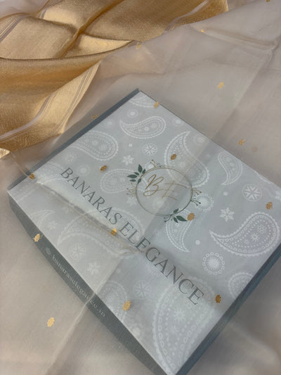 Pure handloom organza silk saree In off white colour with Rama green piping border