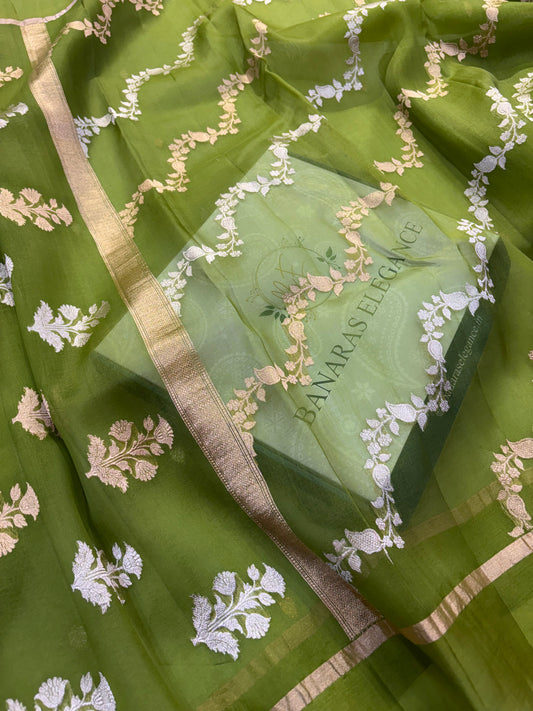 Pure handloom organza silk saree in olive green colour