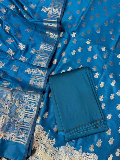 Banarasi soft silk suit in Teal blue colour with temple design work