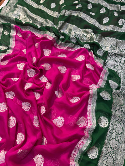 Pure georgette silk saree in temple design in a beautiful combination of Rani with bottle green colour