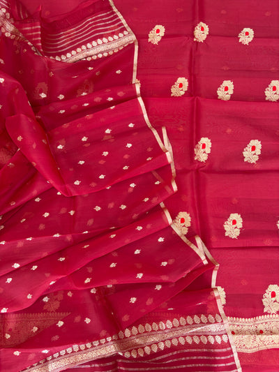 Pure Handloom Kora silk suit set in cherry red colour with meenakari work