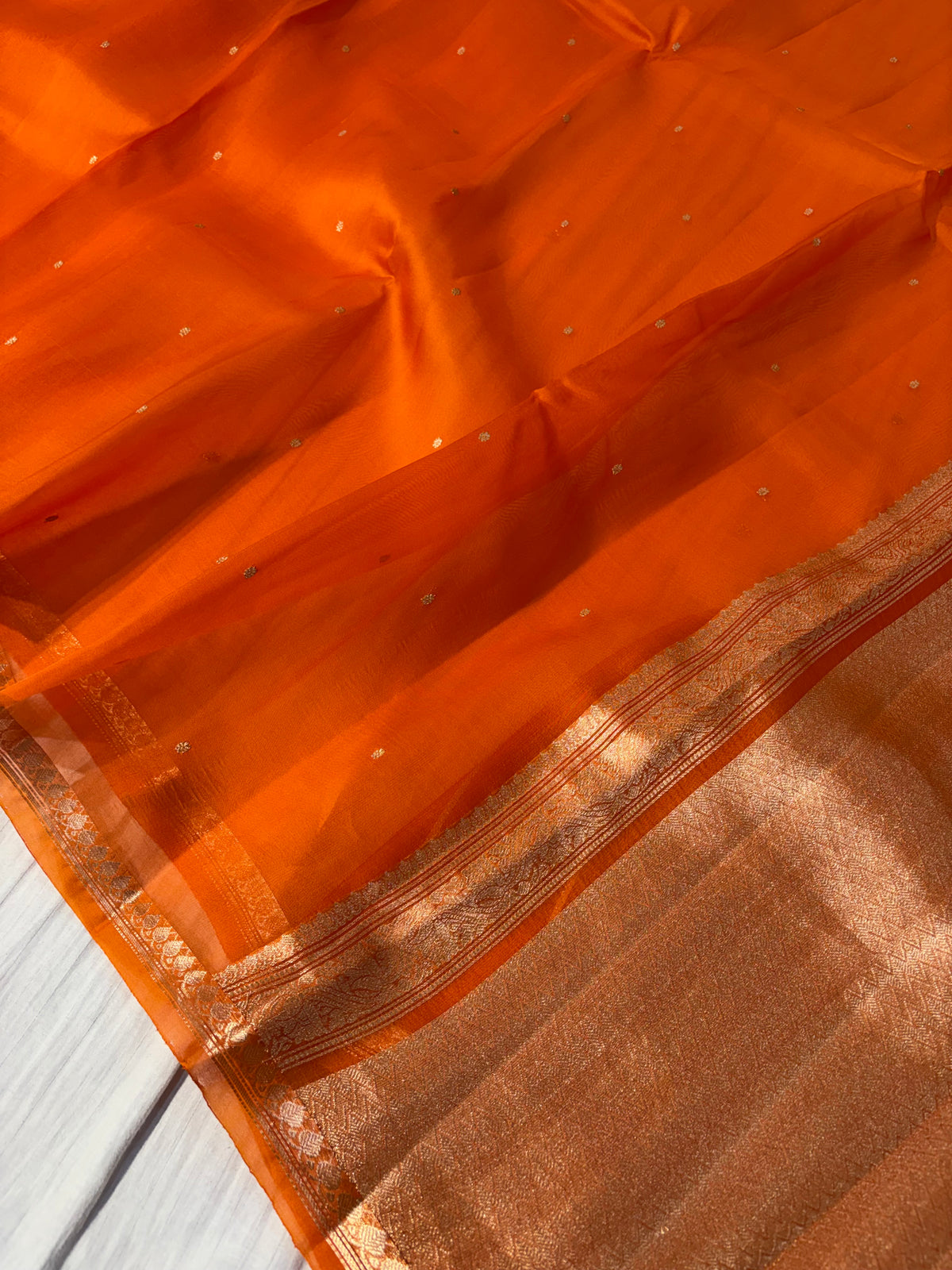 Pure handloom kora silk saree in rust orange colour