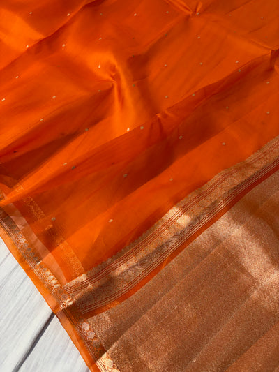 Pure handloom kora silk saree in rust orange colour
