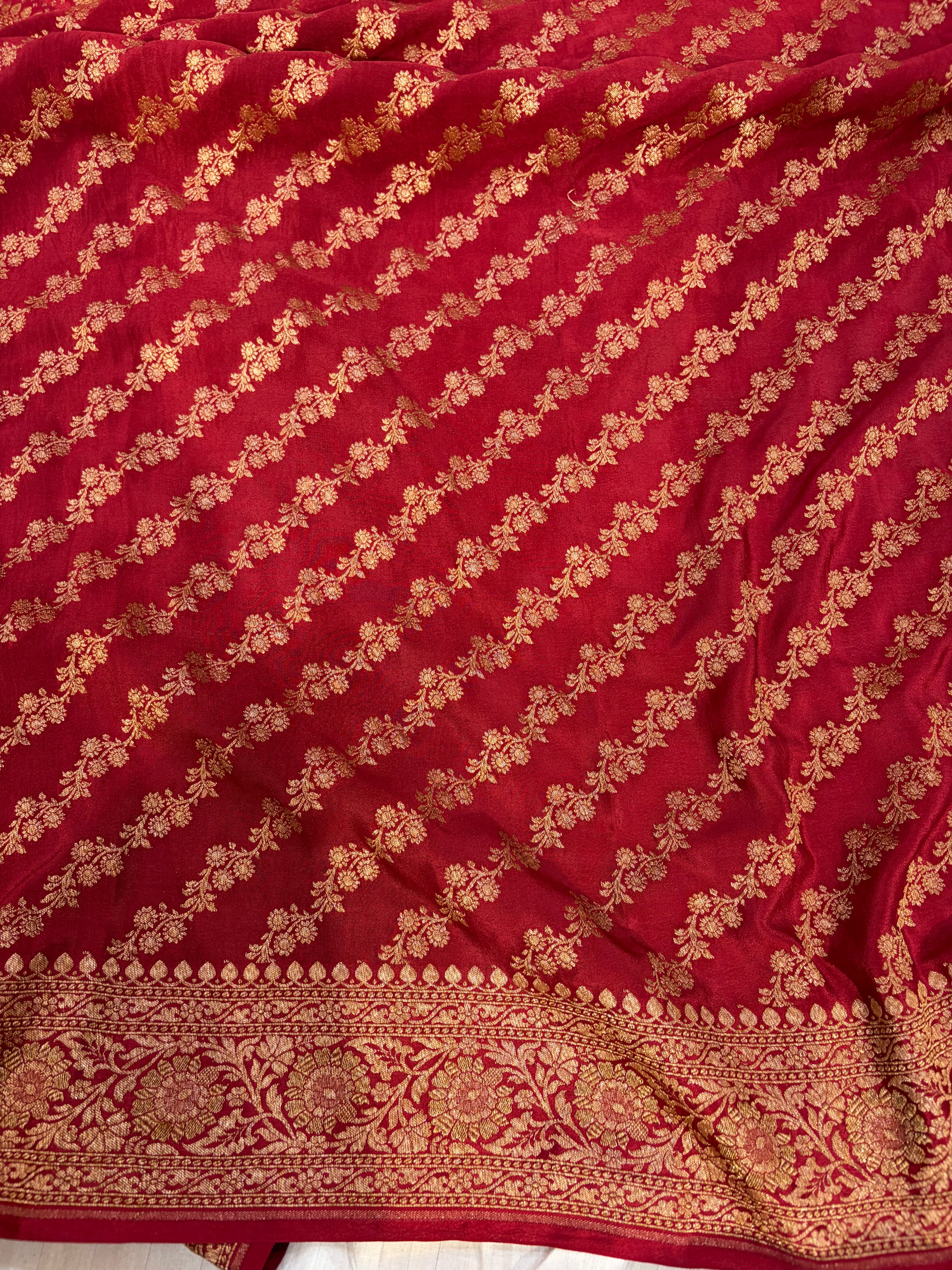 Pure khaddi crepe silk saree off white with red colour