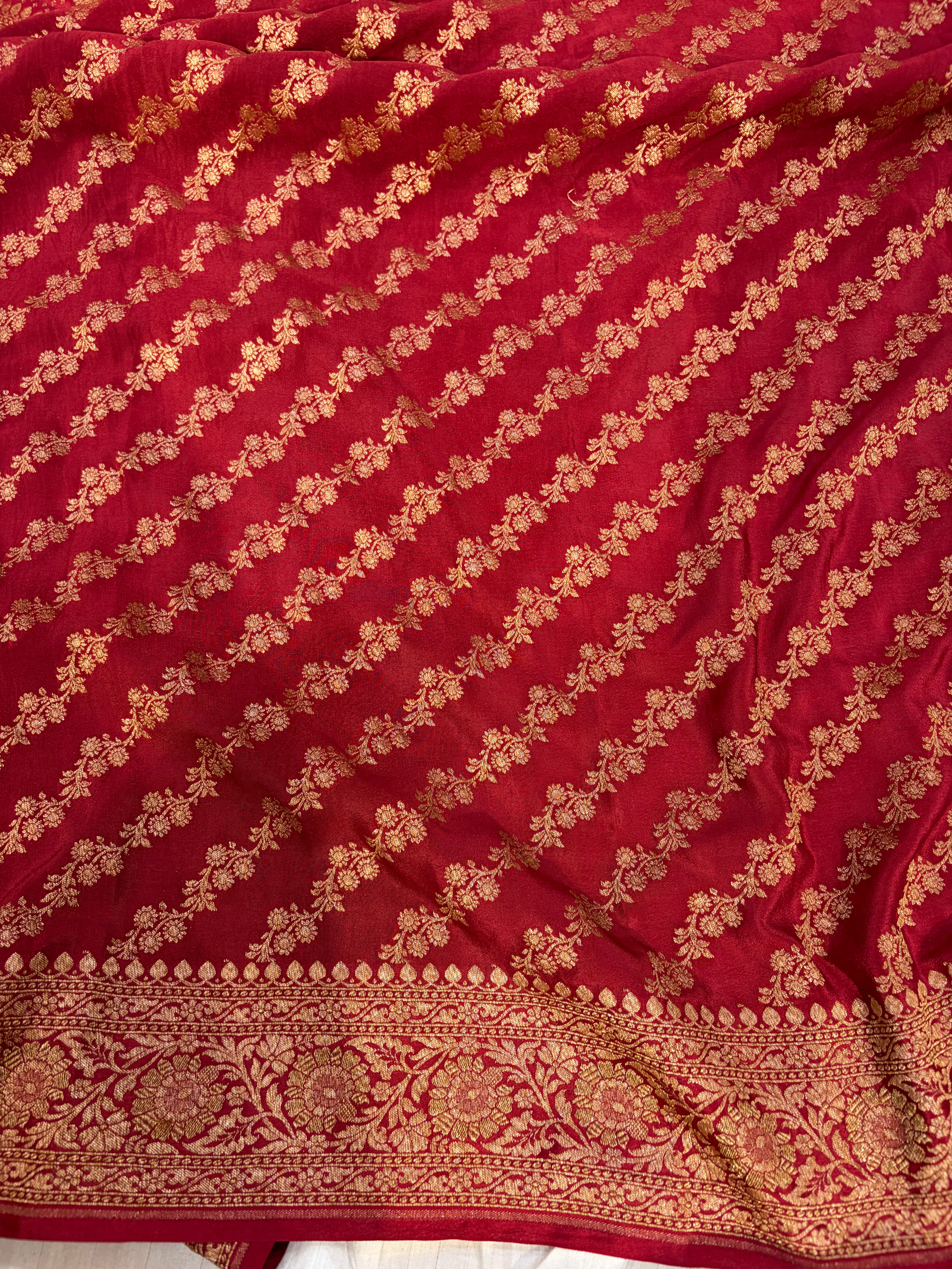 Pure khaddi crepe silk saree off white with red colour