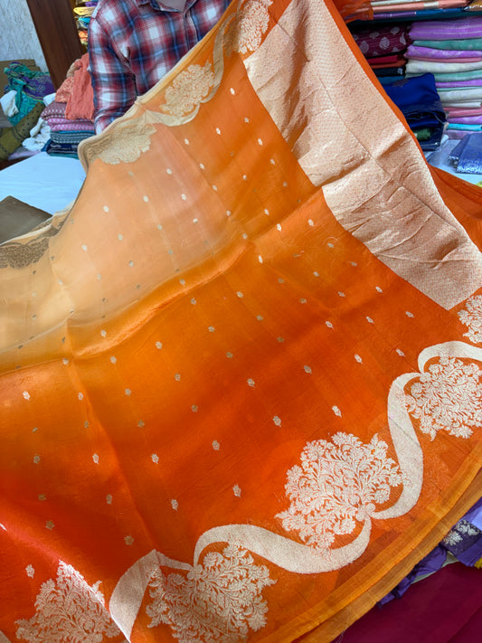 Pure handloom organza silk saree in half half colour