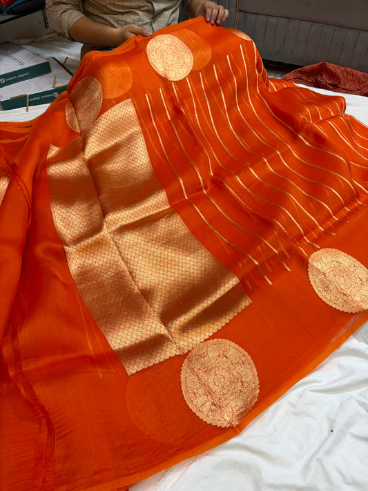 Pure handloom organza silk saree in orange colour