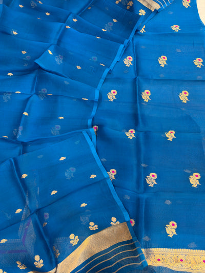 Pure Handloom Kora silk suit set in sapphire blue  colour