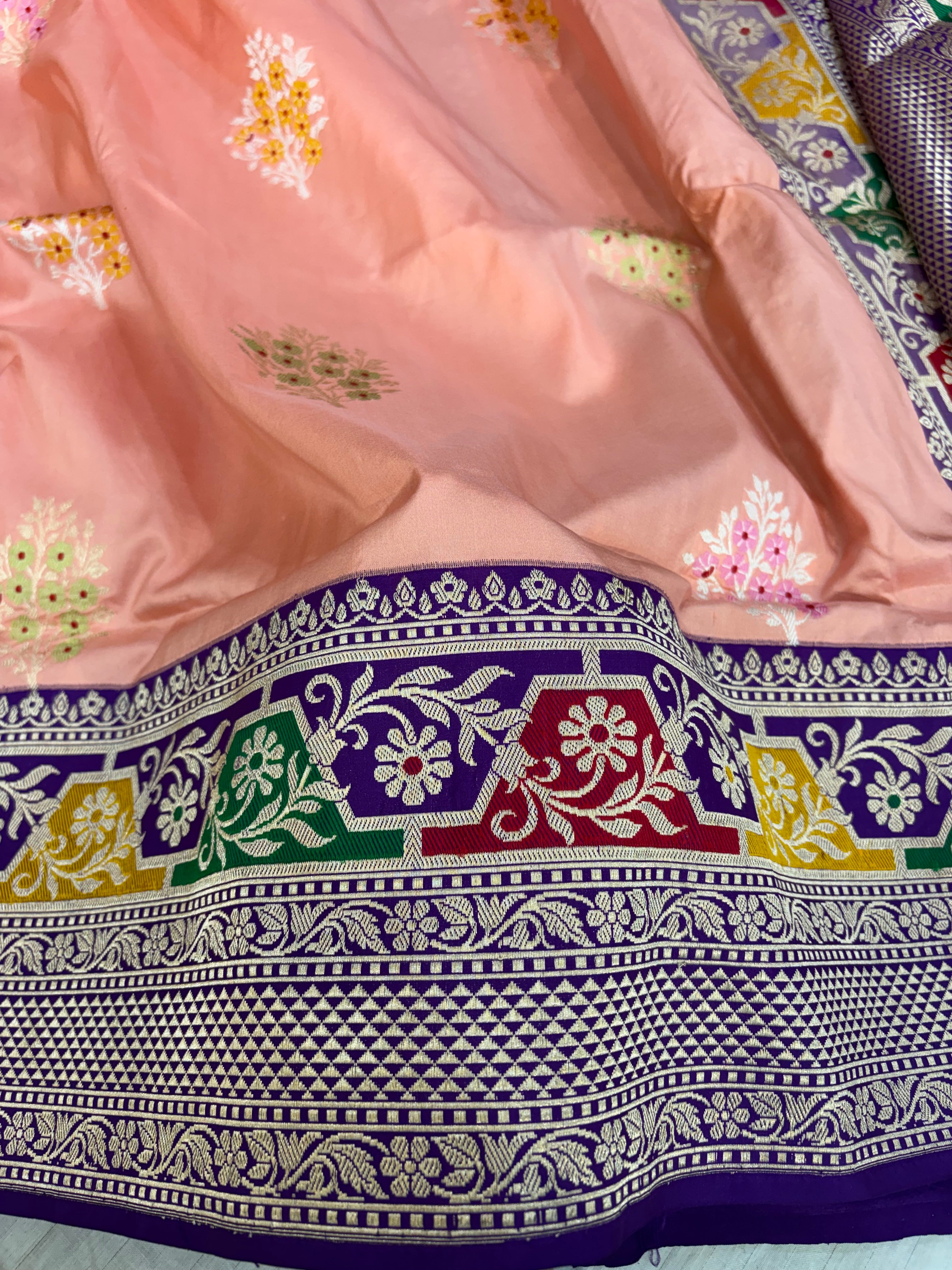 Premium pre katan silk saree with all meenawork in peach and royal purple colour