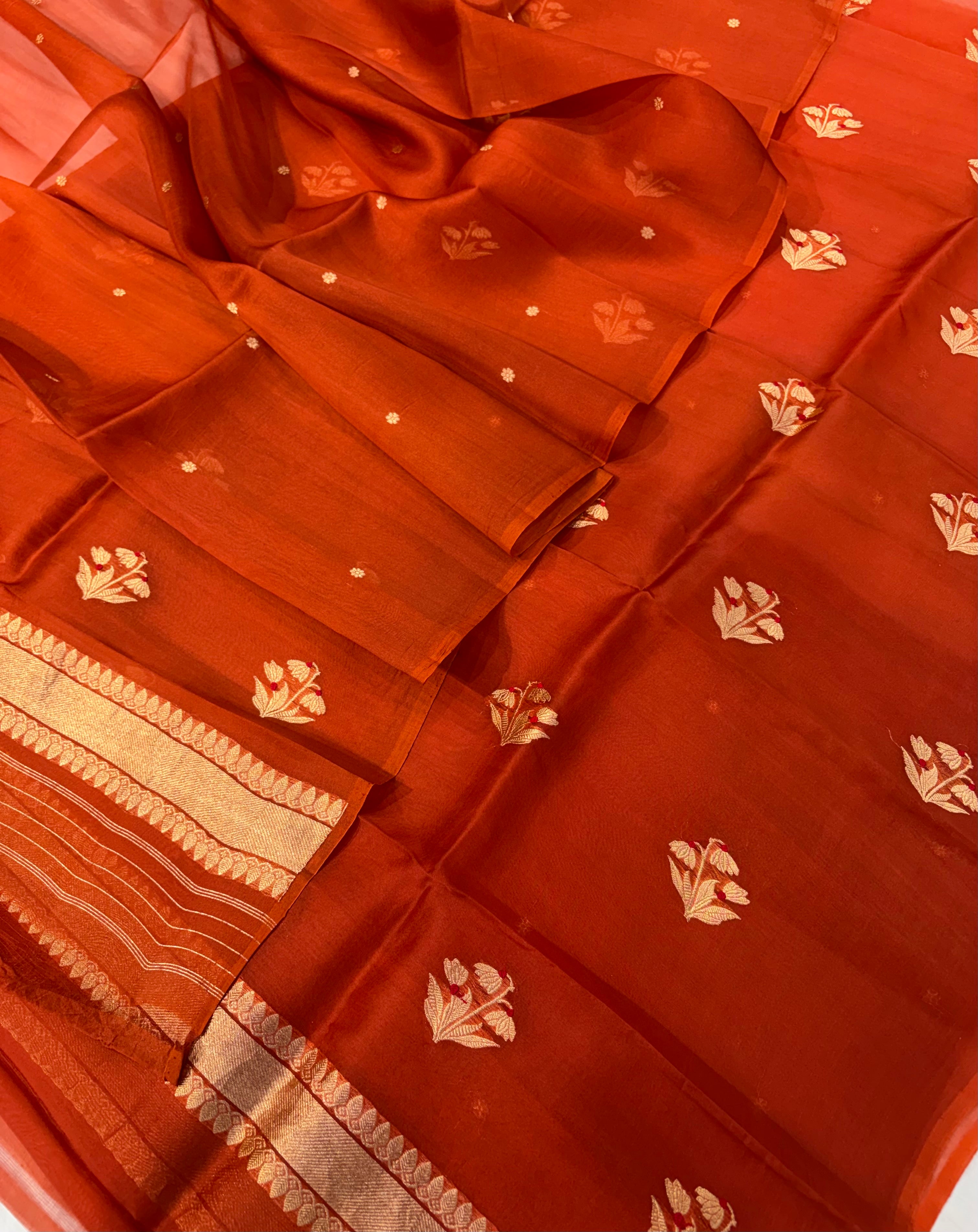 Pure Handloom Kora silk suit set in rust colour with meenakari work