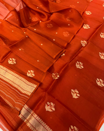 Pure Handloom Kora silk suit set in rust colour with meenakari work