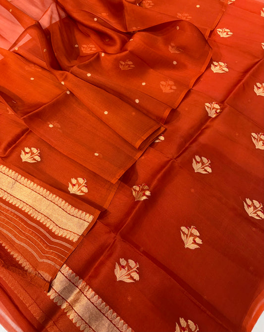 Pure Handloom Kora silk suit set in rust colour with meenakari work