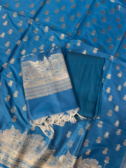 Banarasi soft silk suit in turquoise blue colour with temple design work