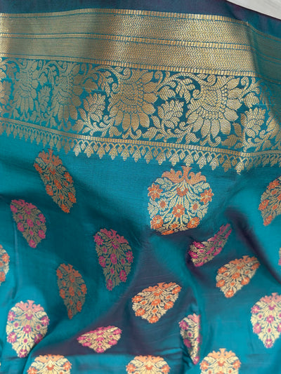 Banarasi katan by katan silk saree in Rama green colour with multiple meenakari work