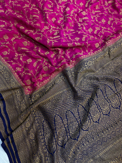 Pure khaddi crepe silk saree with all over jaal work in Rani with navy blue colour combination