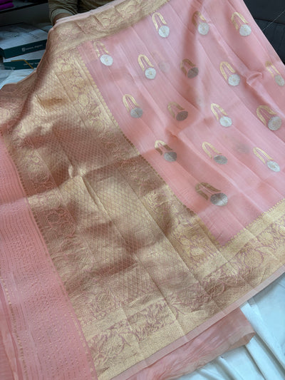 Pure handloom organza silk saree in peach colour