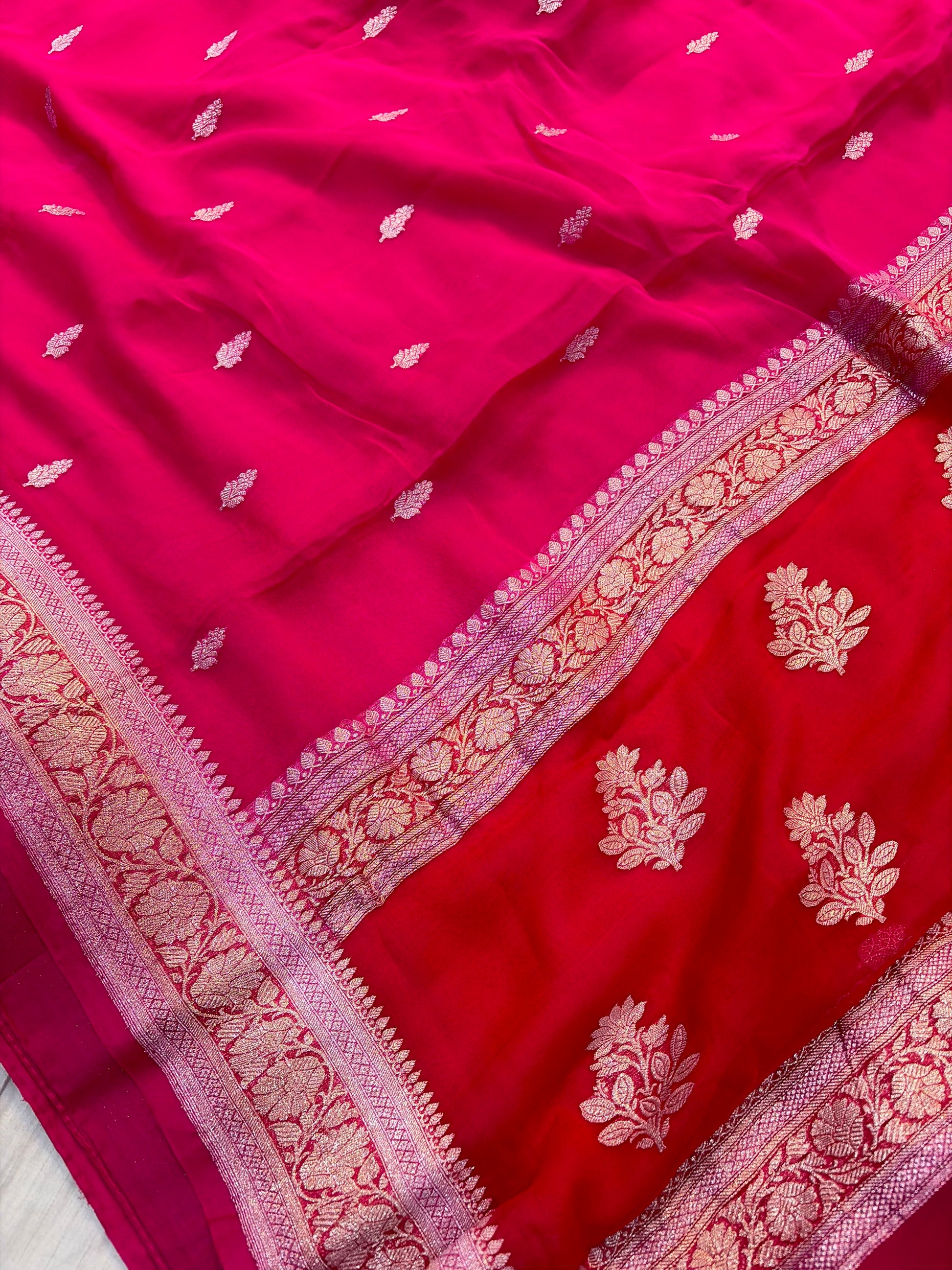 Pure khaddi chiffon saree in 3D Rani pink colour