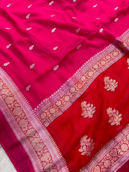 Pure khaddi chiffon saree in 3D Rani pink colour